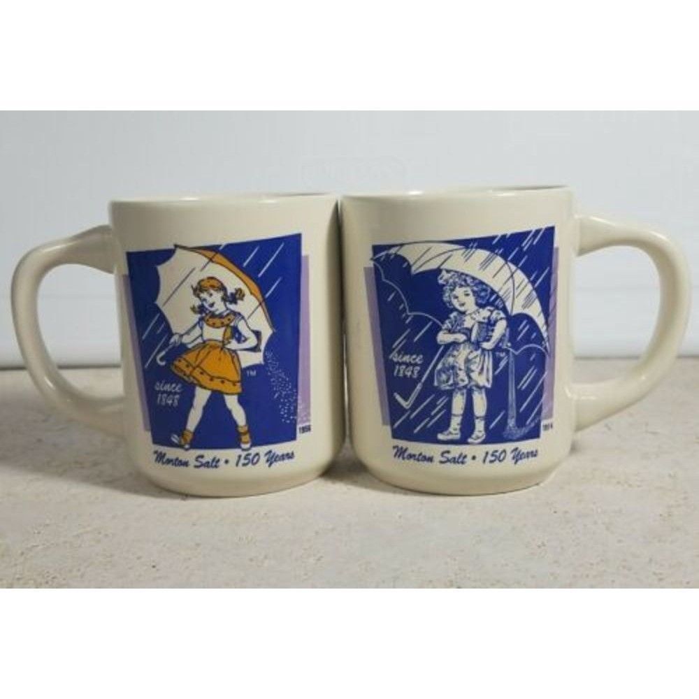 Bryan China Morton Salt 150 Years 1914 & 1956 Coffee Mugs Set of Two 2 -EUC Used